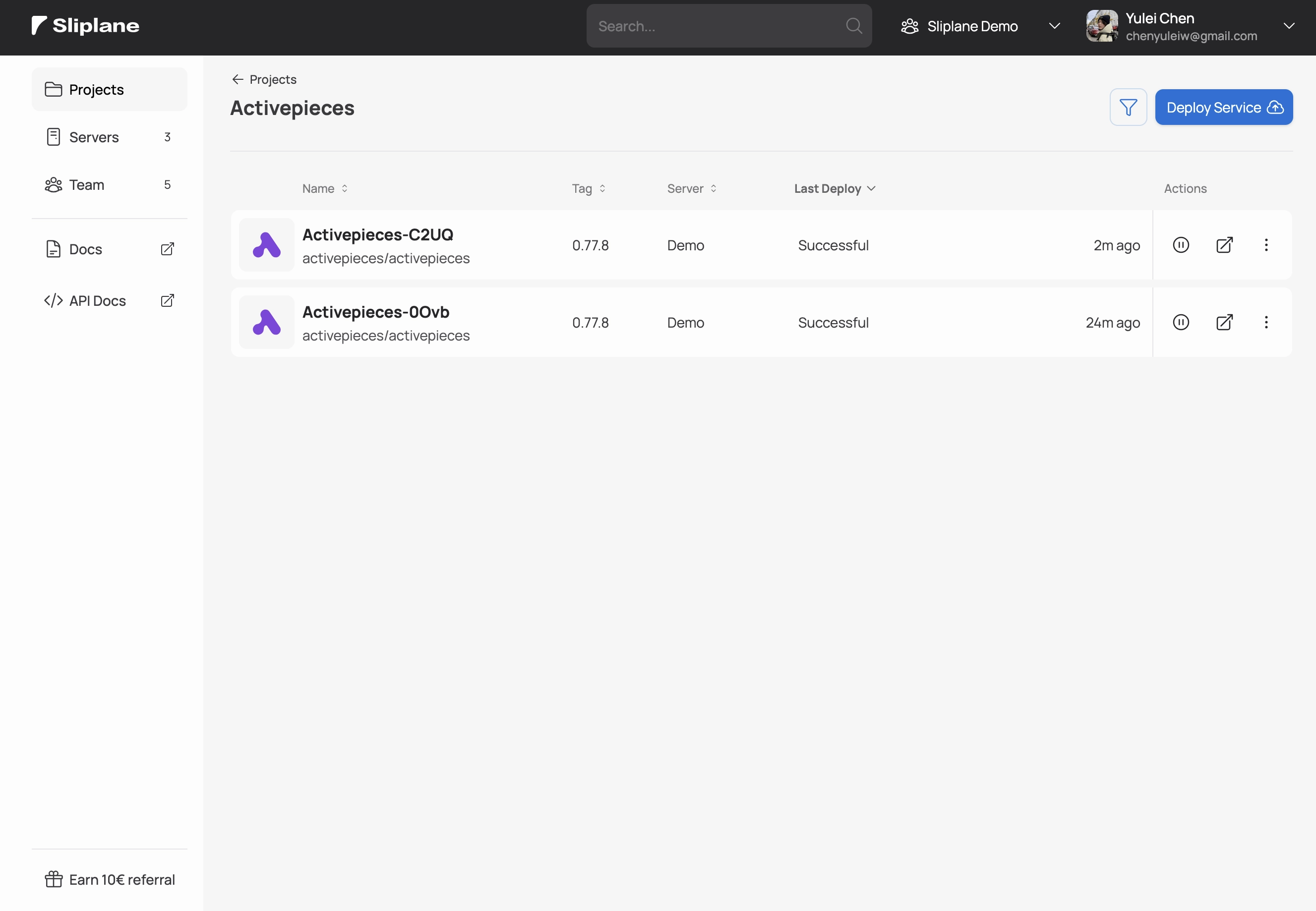 Sliplane App Screenshot Organize Project
